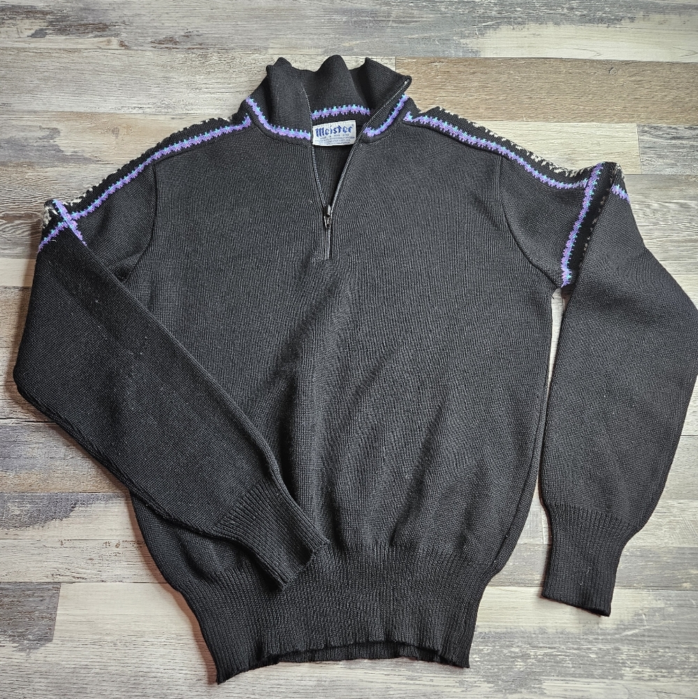 Meister Vintage Sweater Wool Black Quarter Zip Purple Trim Medium